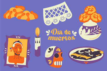 Set de ilustración vectorial de iconos de ofrenda y día de muertos en México. Comida enchiladas, decoración, pan de muerto y calaveras, vela, pan de muertos y cempasúchil.