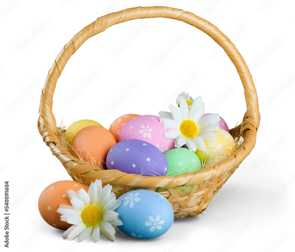 Canvas Prints easter basket filled with colorful eggs on a white background