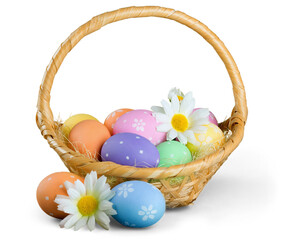 Easter basket filled with colorful eggs on a white background - Powered by Adobe