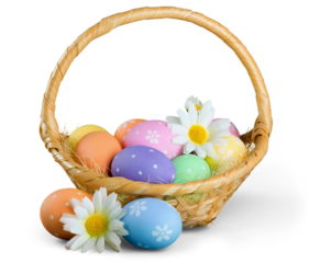 Easter basket filled with colorful eggs on a white background