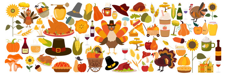 Thanksgiving icons vector big set. Autumn illustration elements colorful