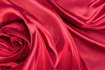 Red Silk Satin Background closeup. Luxury rich background with folded and twirl silk fabric. Valentine, Christmas, Anniversary, Black Friday. Web banner. Top view.