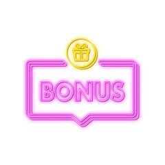 Bonus for promotion design. Neon icon. Discount banner promotion template. Web template for marketing promo design. Vector stock illustration.