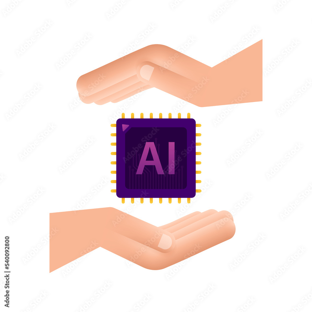 Aufkleber artificial intelligence landing page. ai icon with hands. website template for deep learning concept
