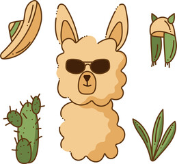 Cute lama. Cute fashion lama in sunglasses. Cartoon doodle illustration.