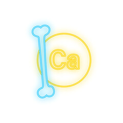 Blue calcium neon icon on dark background. Calcium mineral. Ca pill capsule. Vector stock illustration.