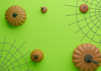 Bright, neon green 3D illustration autumn fall Halloween themed product display podium stand background or wallpaper with pumpkins and spiderwebs photography horizontal flat lay top view from above
