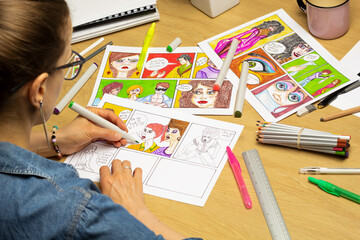 Illustration of comics. Drawings by the artist of characters on paper.