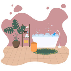 Cozy bathroom interior with bubbles, growth, carpet and shelves