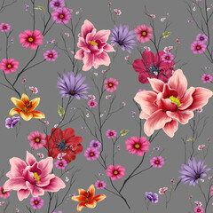 Fototapeta na wymiar Watercolor painting of leaf and flowers, seamless pattern background