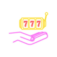 Hand and Slot machine with lucky sevens jackpot neon icon. Vector stock illustration.
