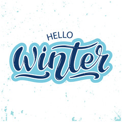 Hello Winter, vector hand lettering. Blue iced letters, snowflakes, and snow on  white background. Typography for winter holidays. Vector illustration, style calligraphy. Wintertime. Frosty lettering.