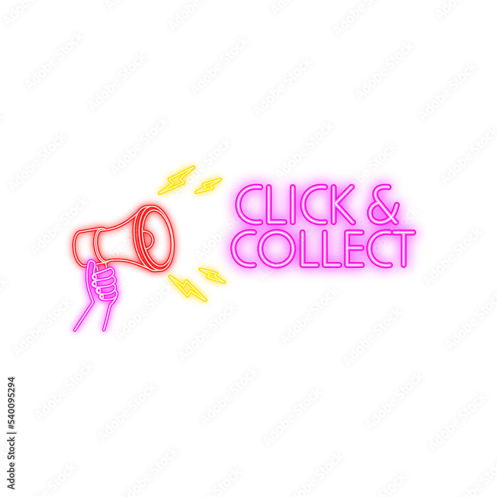 Poster megaphone click and collect neon banner. flat style. website vector icon. vector stock illustration