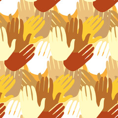 Hands seamless pattern. Hands of different colors, red, orange, beige, yellow, white. International friendship and communication