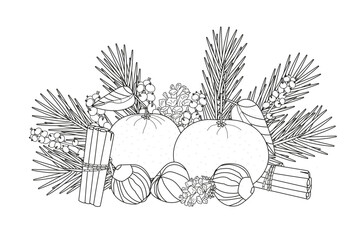 coloring book with a New Year's composition: tangerines, cinnamon, berries, cones, branches.