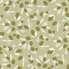 Cartoon fairy seamless pattern of olives and leaves. Vector outline flat illustration.