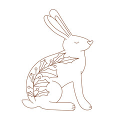 Coloring page outline of Christmas rabbit. 2023 is the year of the rabbit. Outlined hare with holly decorative branch. Coloring vector book antistress for adult and kids.