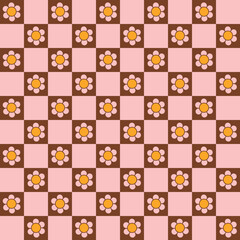 70s retro seamless pattern with hippie groovy flowers. Naive flower on checkerboard background.  Vintage vector for fabric, wallpaper, packaging or wrapping paper.