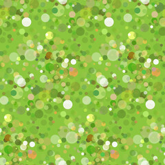Abstract geometric seamless pattern. Light green, yellow, white color circles, bubbles. Background of small chaotic particles