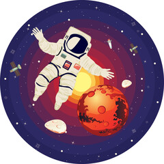 Naklejka premium Spaceman flying among stars and planets
