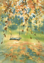A swing in the garden in autumn watercolor background - 540097207