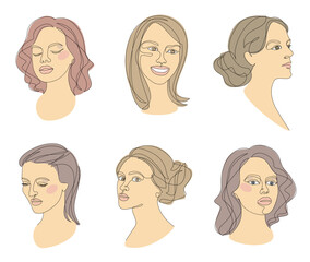 Collection. Girl head silhouettes. Female face in modern single line style. Continuous line drawing, decor aesthetic outline, posters, stickers, logo. Vector illustration set.