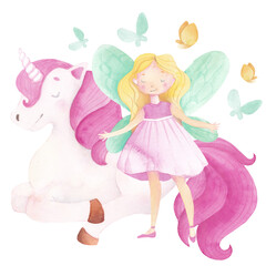 Soft watercolor with unicorn, fairy and butterflyes. Gentle pastel elements