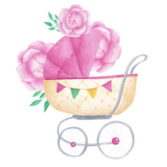 Soft watercolor pink illustration with baby stroller for newborn. Gentle pastel elements and flowers