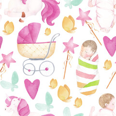 Soft watercolor girlish pattern with newborns, unicorns, magic wands and carriage. Gentle pastel elements