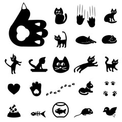 Cute Black cat icons or symbols, vector set. Collection of funny looking cats