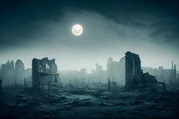Destroy city with full moon and dark mood as background