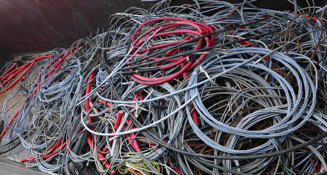 tangle of copper  electrical cables in the industrial landfill