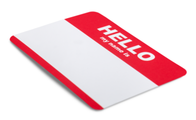 Red Hello My Name Is Tag with Copy Space, Isolated on White Background.