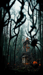 Creepy Halloween scene with spiders crawling in front and a old haunted cabin in the back with pumpkins and lanterns around, mysterious wood house building in a forest early morning fog