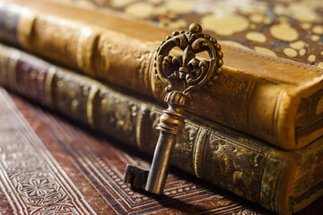 Antique bronze key with patina on ancient books - obrazy, fototapety, plakaty