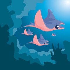 Obraz na płótnie Canvas Group of sea rays swimming on the ocean Vector