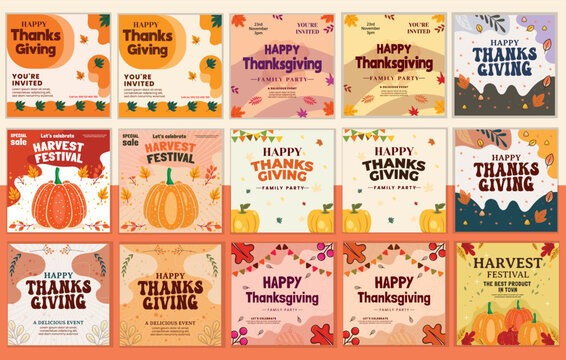 Thanksgiving Social Media Post Template Bundle, Set Of Thanksgiving Social Media Post Designs, Pumpkin Illustration Card