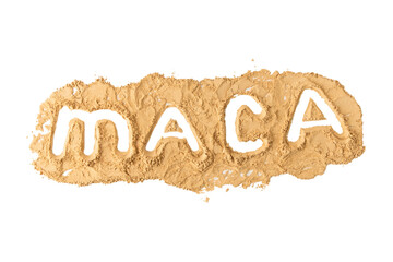 Top view of isolated on white words MACA written with raw maca root powder