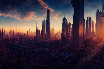 Cyberpunk city panorama, futuristic, concept art illustration