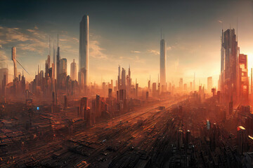 Cyberpunk city panorama, futuristic, concept art illustration