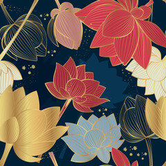 Seamless vector pattern with lotus flowers on a dark blue background.