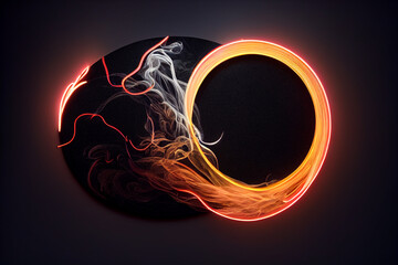 Crcle in fiery rays, lightning with smoke on a black neon background.