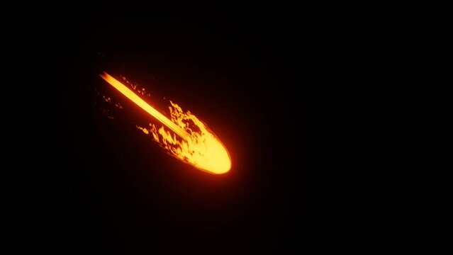 3d animation burning comet or meteor with fiery tail is flying on black background. Motion graphic render backdrop
