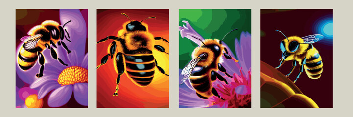 A set of honey. Vector illustration in a flat style. Bee, honeycomb, wooden honey bucket, glass jar full of honey. Organic and natural product.