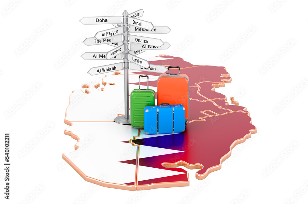 Poster qatar travel concept. qatari flag on map with suitcases and signpost, 3d rendering
