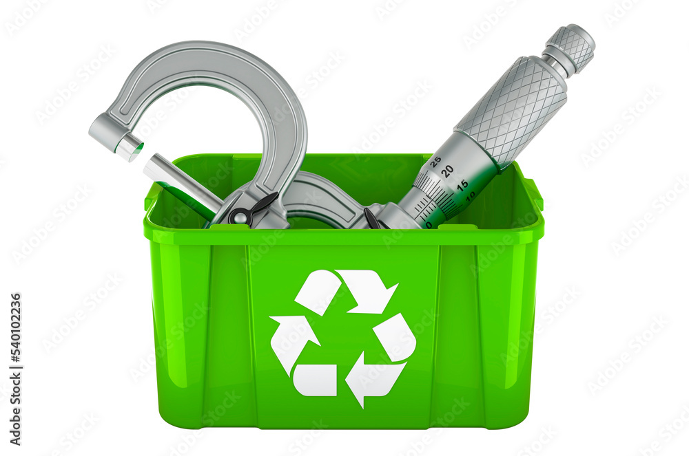 Poster recycling trashcan with micrometer, 3d rendering
