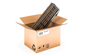 Parcel with goods wagon full of wooden logs, 3D rendering