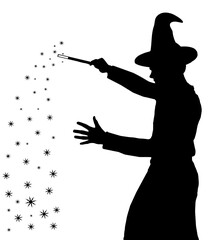 Fototapeta premium Silhouette of teenage boy wizard with hat creating magic