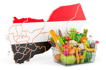 Purchasing power and market basket in Yemen concept. Shopping basket with Yemeni map, 3D rendering