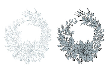 vector contour graphic floral wreath with flowers and berries